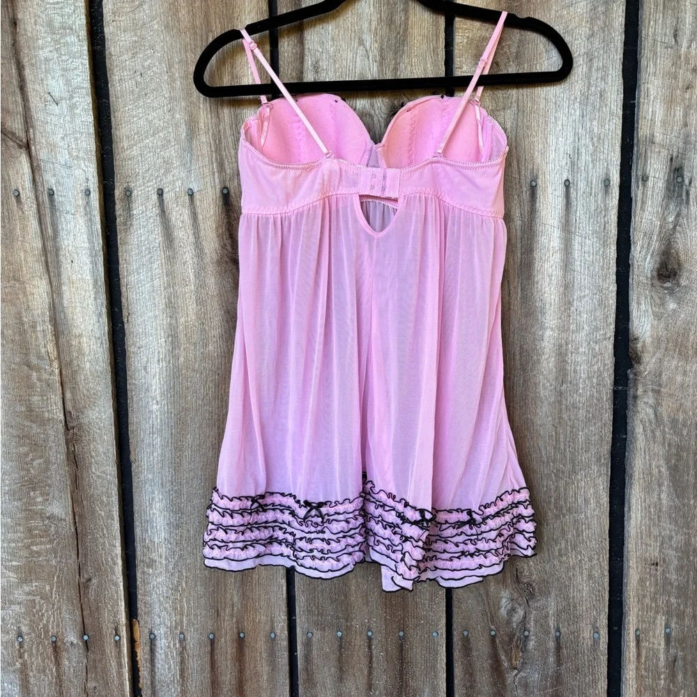 Charlotte Russe Y2K Pink & Black Babydoll Lingerie 36B Sheer Ruffle Hem Coquette